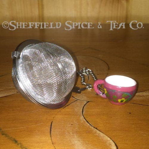 2" Teacup Mesh Ball Tea Infusers are made from 18/8 Grade Stainless Steel, with a Polyresin ornament for the fob.