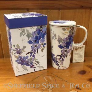 double wall ceramic travel mug with infuser & lid blue floral