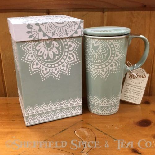 double wall ceramic travel mug with infuser & lid lace