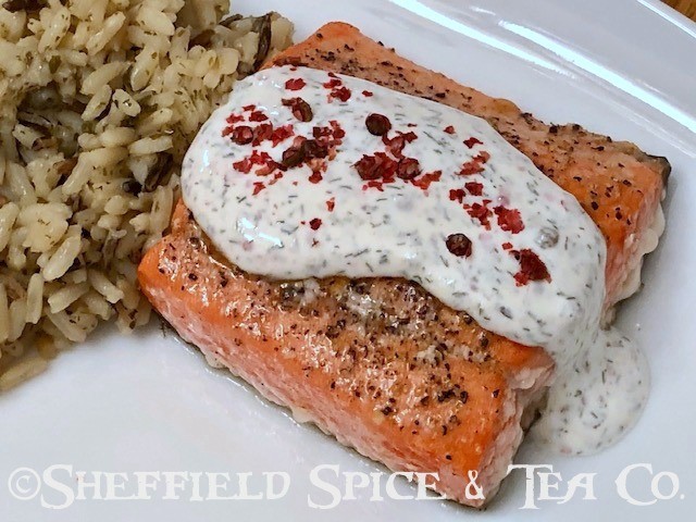baked salmon with pink peppercorn sauce